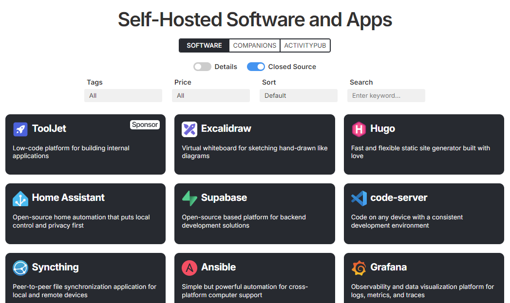 Self-Hosted Applications and Alternatives Screenshot